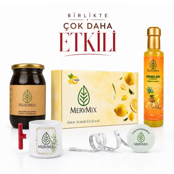 MervMix Mega Set 2 – Limon Aromalı Yeşil Çay, Bitkisel Macun, Bromelain Şurubu, Kupa ve Mezura