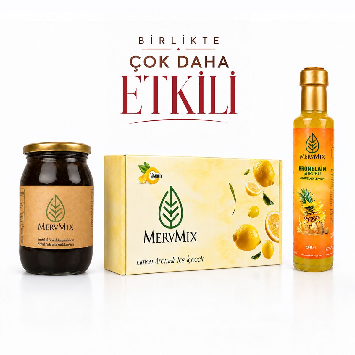 MervMix Mega Set 2 – Limon Aromalı Yeşil Çay, Bitkisel Macun, Bromelain Şurubu