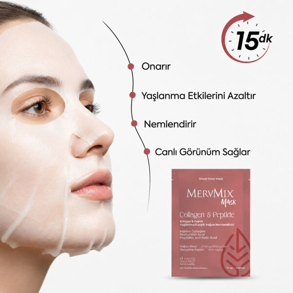 MervMix Kolajen & 5 Peptit Yaşlanma Karşıtı Kağıt Yüz Maskesi – Hyaluronik Asit ile Yoğun Nem ve Dolgun Görünüm