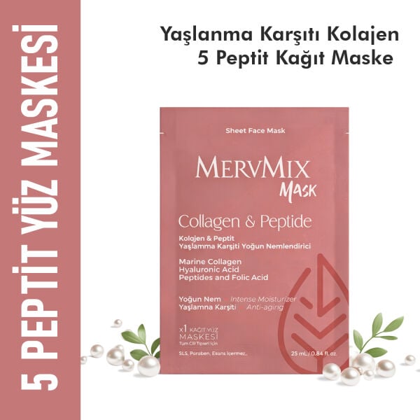 MervMix Kolajen & 5 Peptit Yaşlanma Karşıtı Kağıt Yüz Maskesi – Hyaluronik Asit ile Yoğun Nem ve Dolgun Görünüm