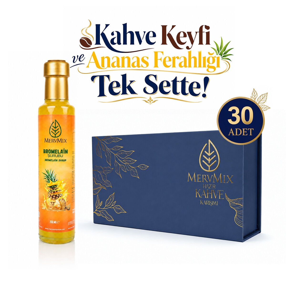 MervMix 30’lu Kolajen ve Guarana Ekstraktlı Kahve & Bromelain Şurubu Seti