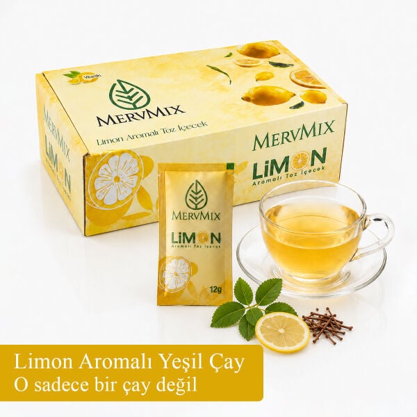 MervMix Limon Aromalı Yeşil Çay, Mate ve Kiraz Sapı Ekstraktlı Bitkisel Çay – 30 Saşe