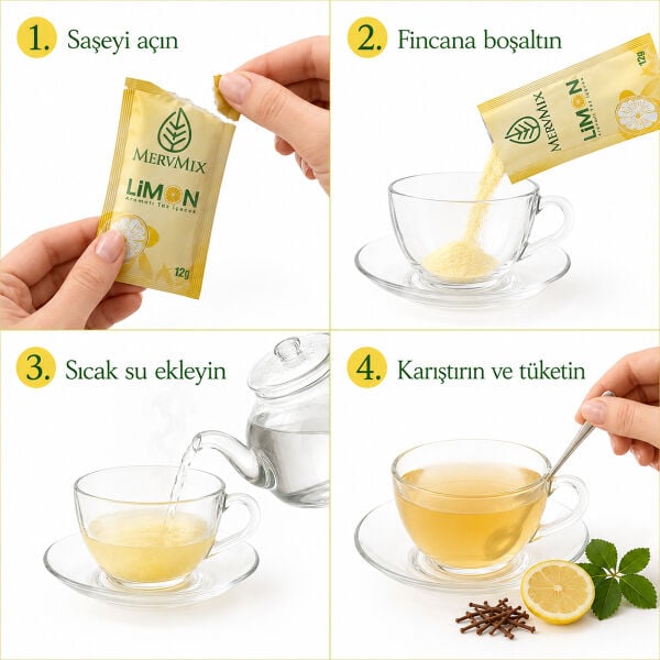 MervMix Limon Aromalı Yeşil Çay, Mate ve Kiraz Sapı Ekstraktlı Bitkisel Çay – 30 Saşe